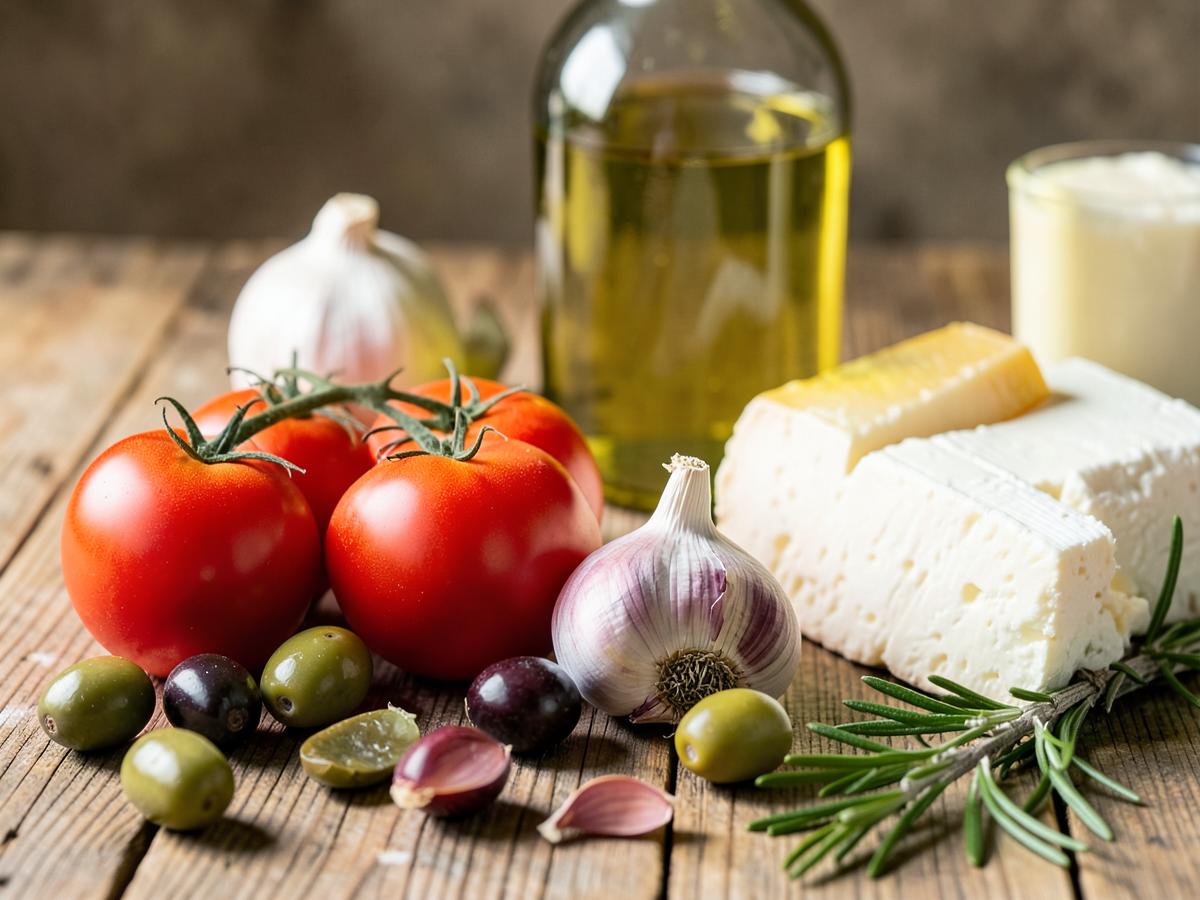 Produits frais régionaux : tomates, olives, fromage de chèvre et huile d'olive