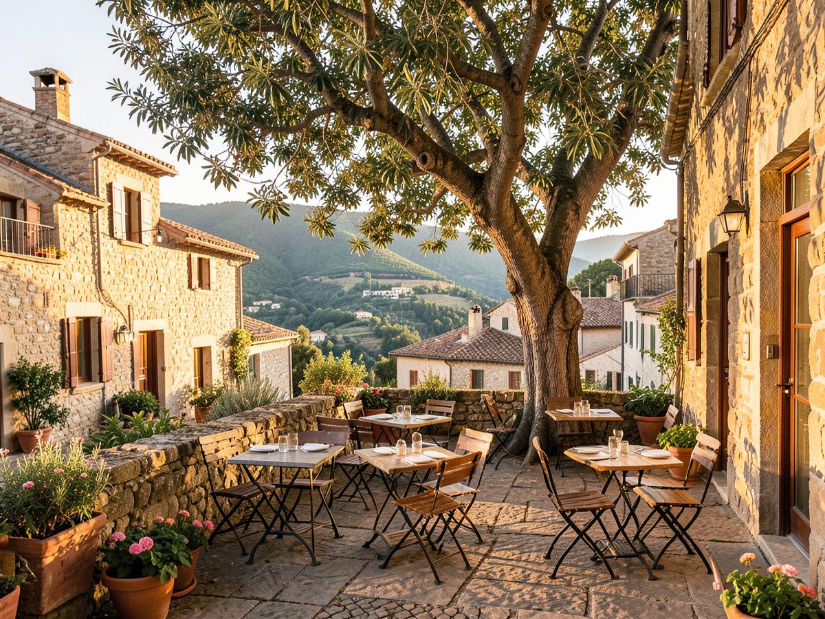 Terrasse ombragée du restaurant dans le village de Fayence